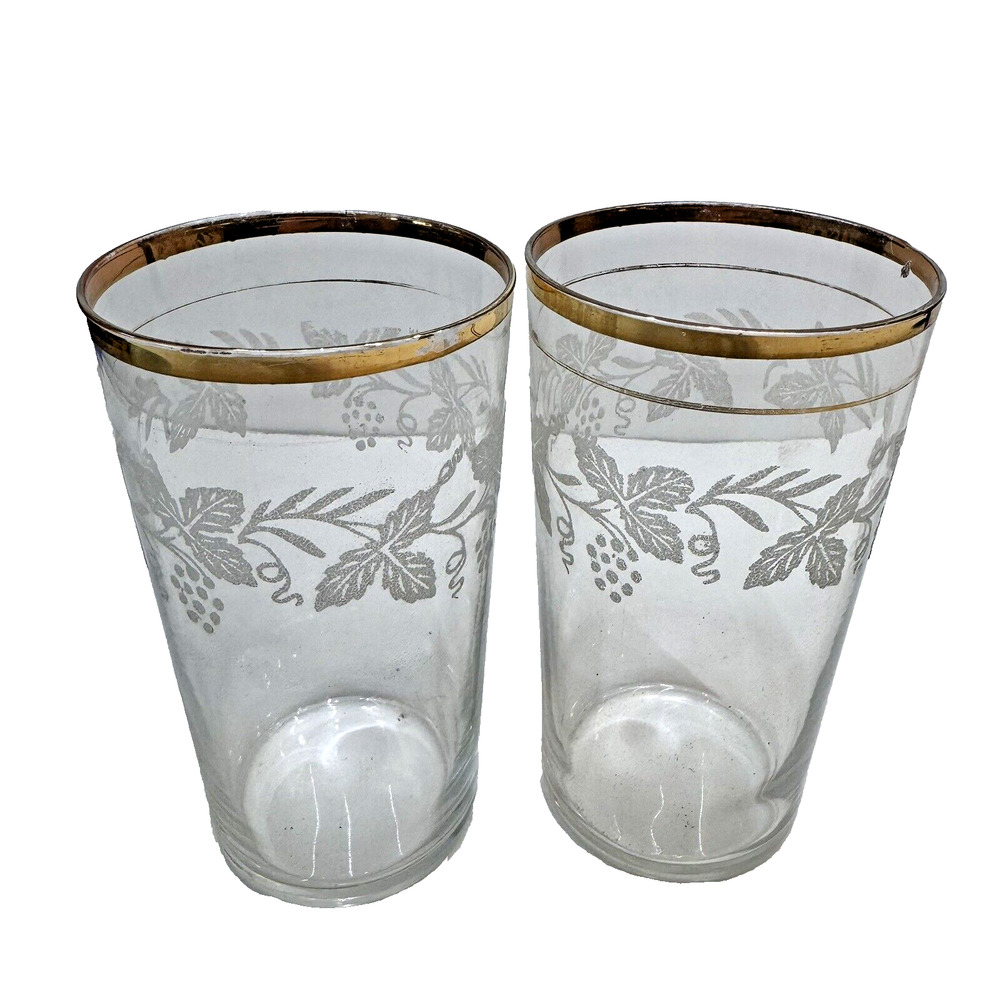 Bartlett Collins Decoration 806 Clear Juice Glasses Set Of 2 Grape Gold Trim **